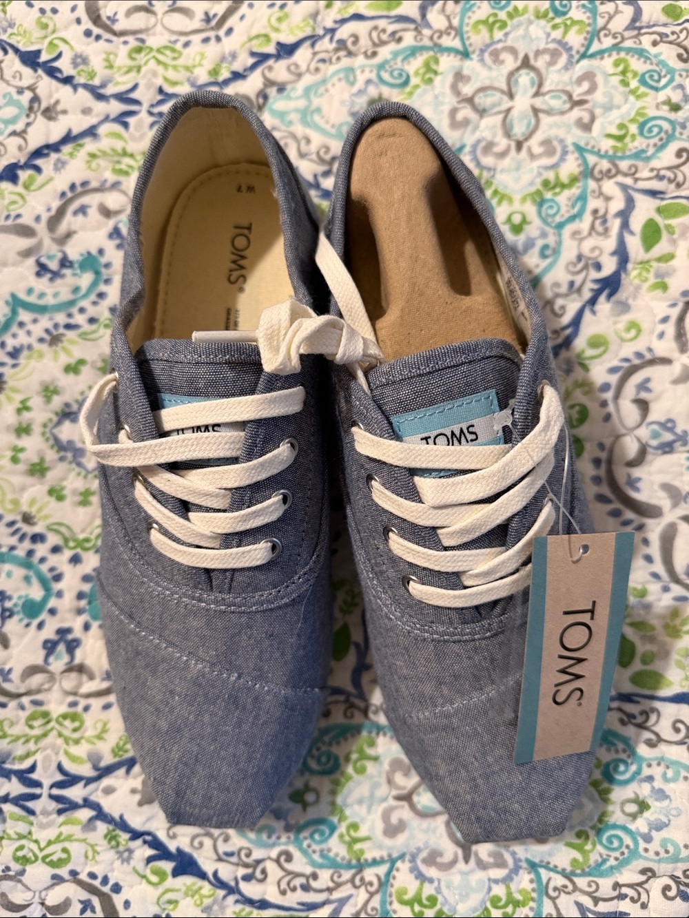 TOMS Women's Chambray Lace-Up Sneakers in Blue with White Laces